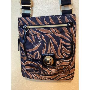 Franco Sarto Black and Brown Stripe Crossbody Bag, zippers and lots‎ of pockets